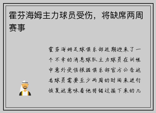霍芬海姆主力球员受伤，将缺席两周赛事