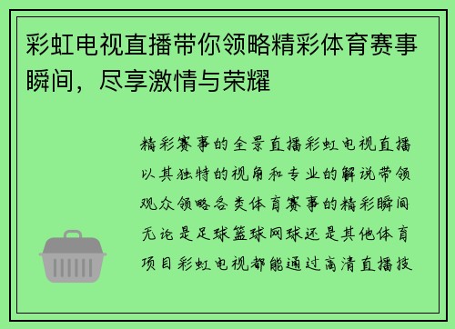 彩虹电视直播带你领略精彩体育赛事瞬间，尽享激情与荣耀